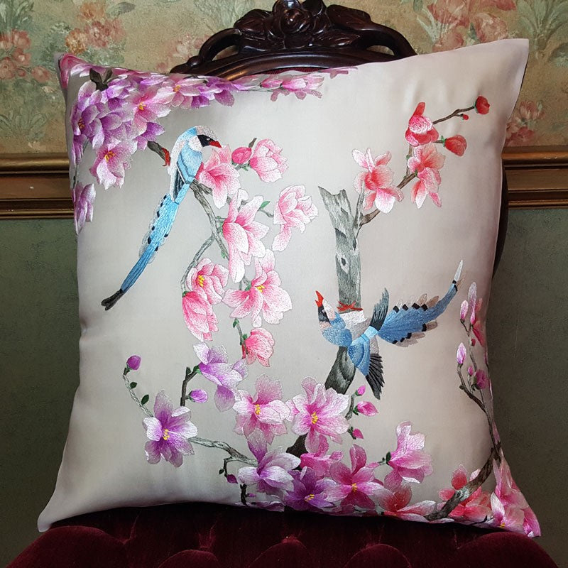 Birds & Pink Pure Silk Embroidered - 20" x 20"