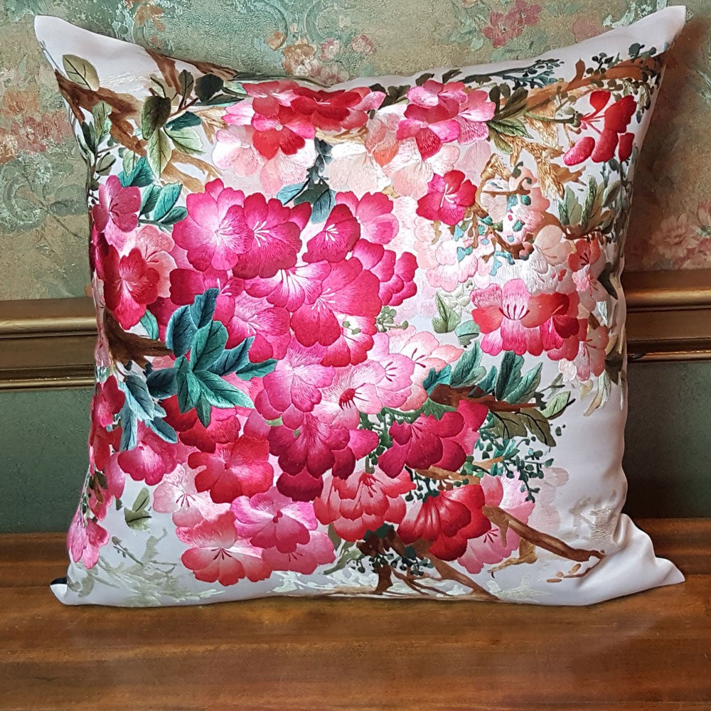 Floral in Red Pure Silk Embroidered - 20" x 20"