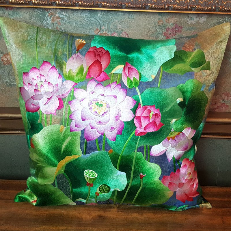 Lotus Green Pure Silk Embroidered - 20" x 20"