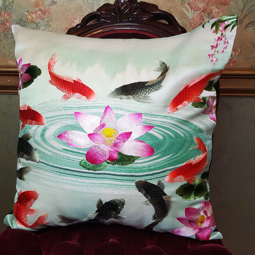 Koi & Lily Silk Embroidered - 20" x 20"