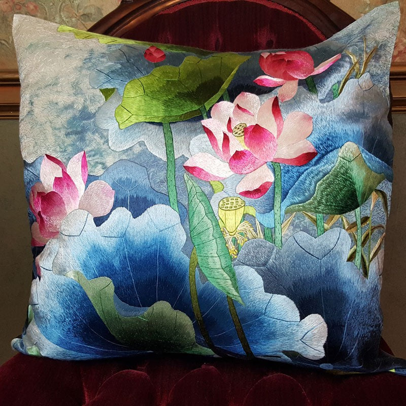 Pink & Blues II Pure Silk Embroidered - 20" x 20"