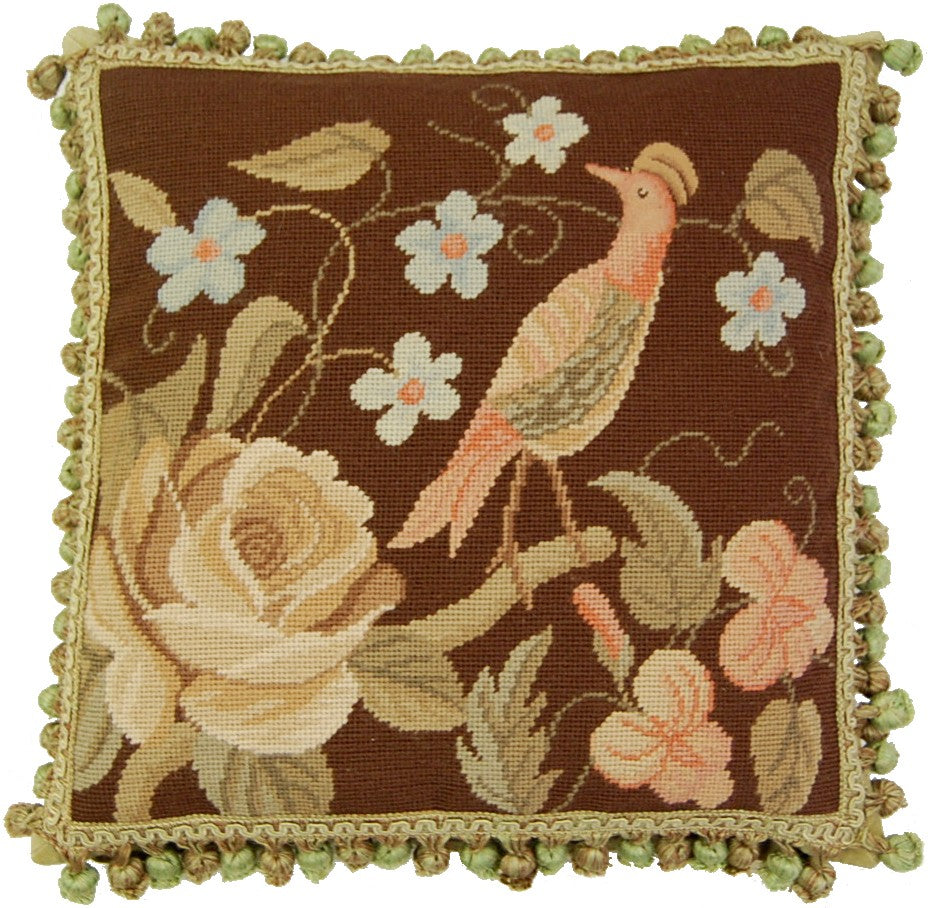 Bird and Rose -18x 18 in. needlepoint pillow