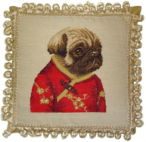 Pug in Red Facing Right - 12" x 12" needlepoint pillow
