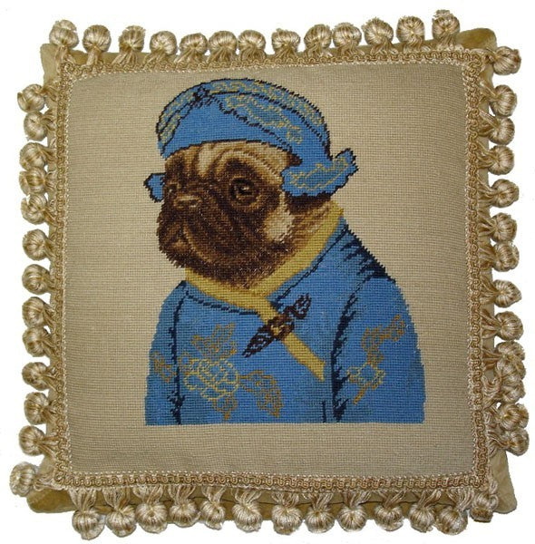 Pug in Blue Facing Left - 12" x 12" needlepoint pillow