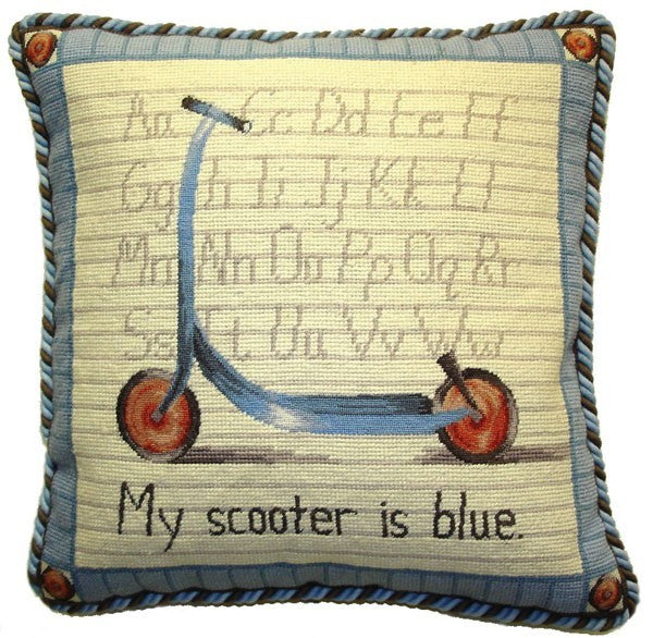 Blue Scooter - 17" x 17" needlepoint pillow