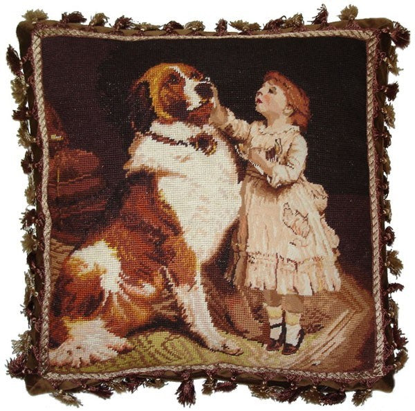 Child and St. Bernard - 18" x 18" needlepoint pillow