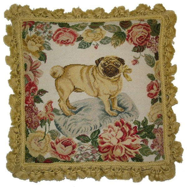 Pug and Bow - 18" x 18" needlepoint pillow