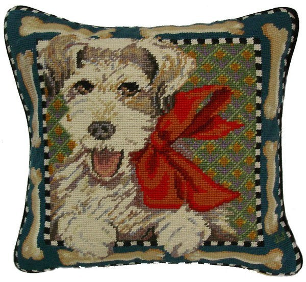 Dog with Bow - 14 x 14" needlepoint pillow