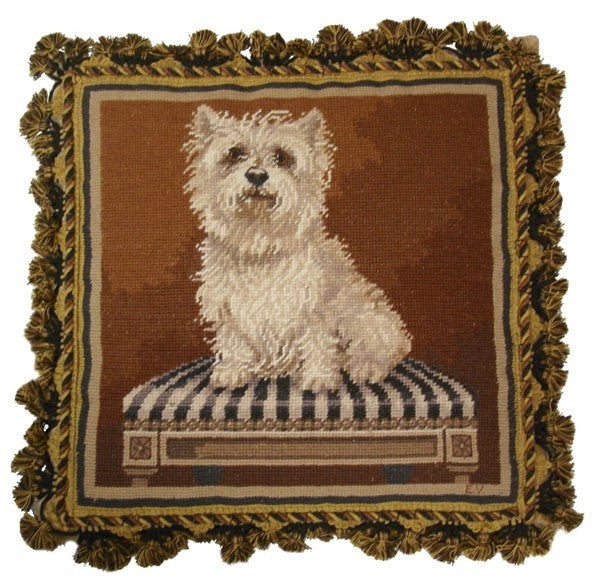 Westie on Chair - 17 by 17" needlepoint pillows