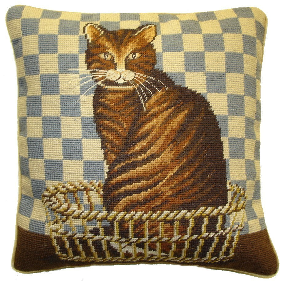 Brown Cat  Blue Checks - 15" x 15" needlepoint pillow