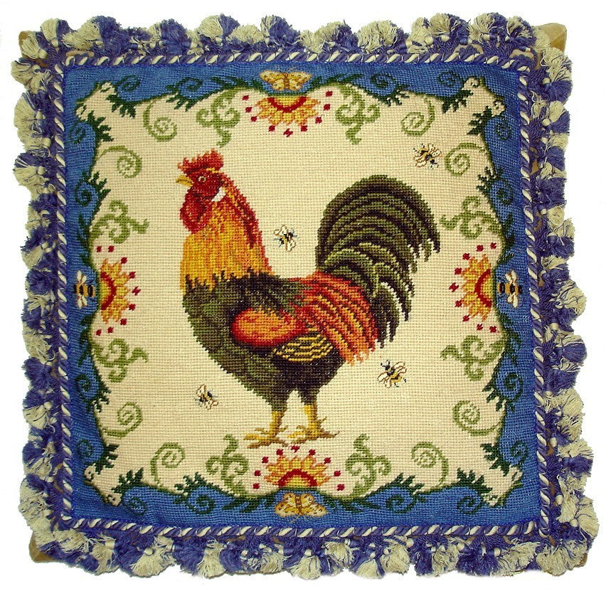 Rooster and Blue - 20" x 20" needlepoint pillow