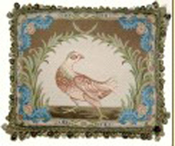 Blue Corners and Bird Looking Back - 18" x 22" needlepoint pillow