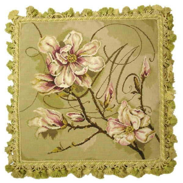 Magnolia in Green - 18" x 18" needlepoint pillow