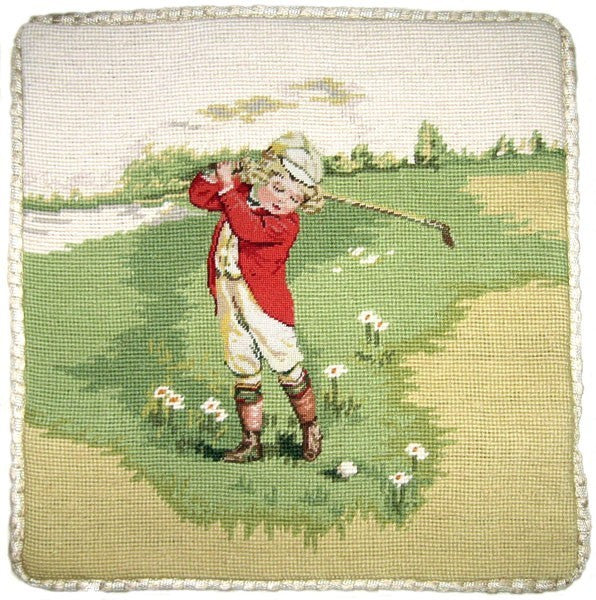 Golf Girl in Red - 14 x 14"  needlepoint pillow