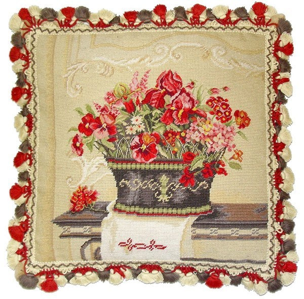 Red Pansies in Vase - 19 x 19" needlepoint pillow