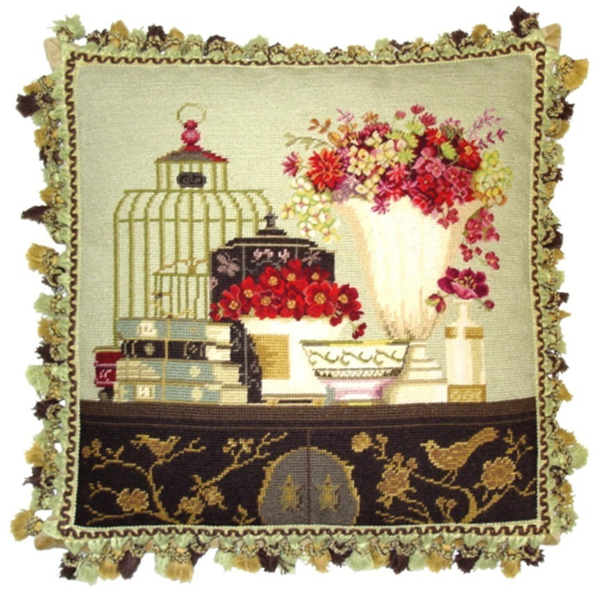 Bird Cage Red Flowers - 20" x 20" needlepoint pillow