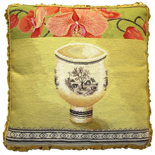 Cup on Yellow - 20" x 20" needlepoint pillow