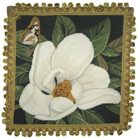 Butterfly with Magnolia - 18" x 18" needlepoint pillow