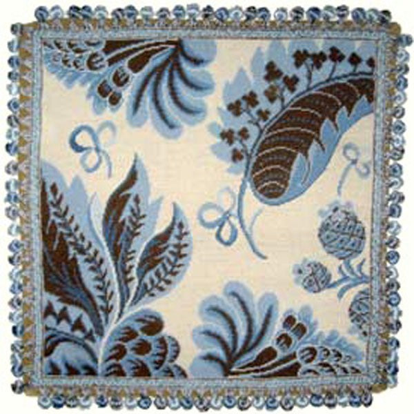 Blue Leaves on Ivory - 22" x 22" needlepoint pillow