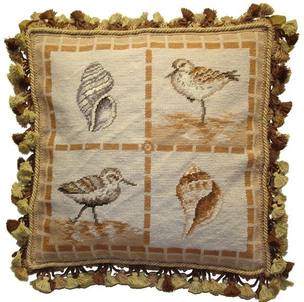 Two Shells and Birds - 18" x 18" needlepoint pillow
