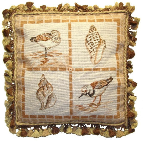 Two Birds and Shells - 18" x 18" needlepoint pillow