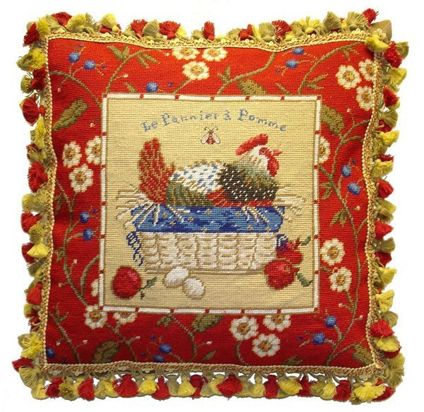 Red Framed Chicken Facing Right - 21 x 21" needlepoint pillow