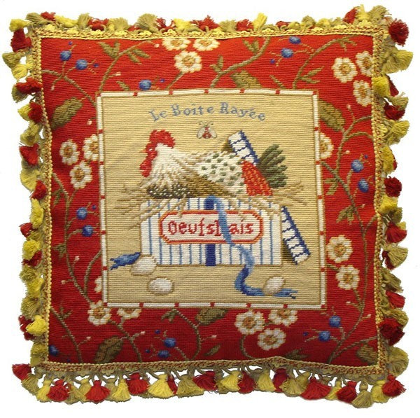 Red Framed Chicken Facing Left and Eggs - 21 x 21" needlepoint pillow