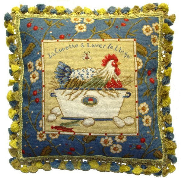 Blue Framed Chicken Facing Right and Eggs - 21 x 21" needlepoint pillow