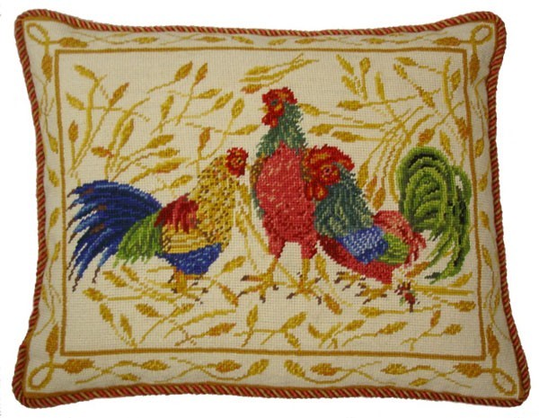 Three Roosters - 16 x 20" needlepoint pillow