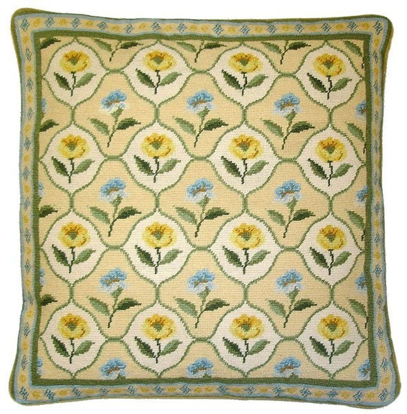 Yellow and Blue Flowers - 16 x 16" needlepoint pillow