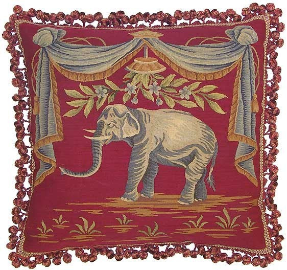 Elephant on Red - 22" x 22" Aubusson pillow