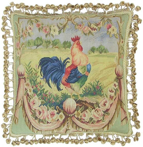 Blue Rooster Facing Right- 20 by 20" Aubusson Pillow
