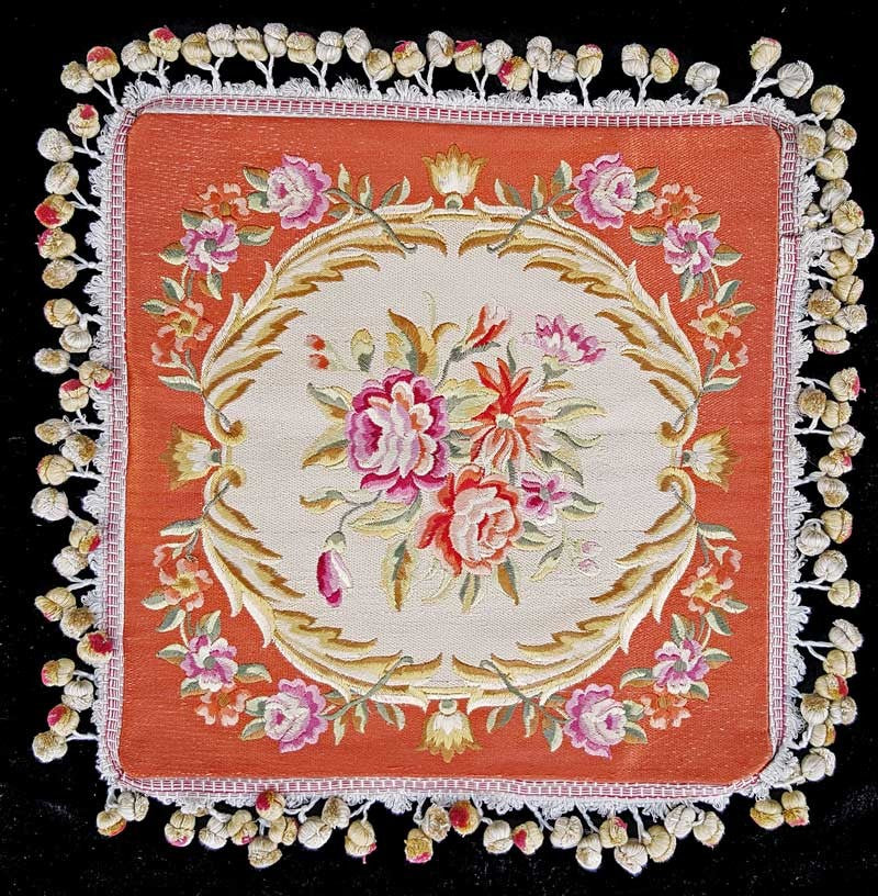 Circle of Roses Beige & Orange Embroidered - 18" x 18"
