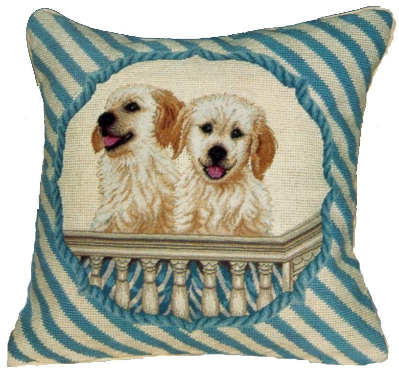 Two Dogs on Balcony - 16 x 16" needlepoint pillow