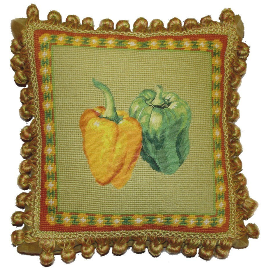 Bell Peppers on Green - 12" x 12" needlepoint pillow