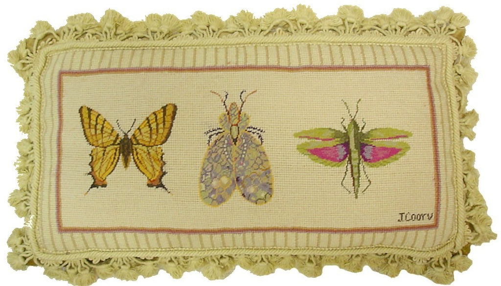 Butterfly, Lacewing, and Grasshopper - 12" x 22" needlepoint pillow