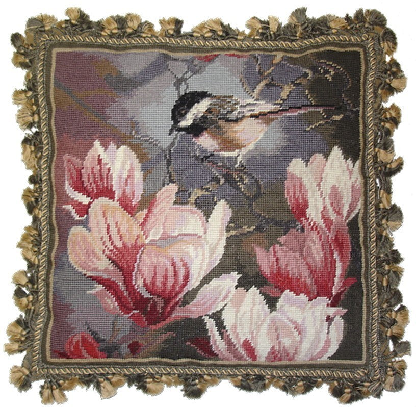 Sparrow with Pink - 18" x 18" needlepoint pillow