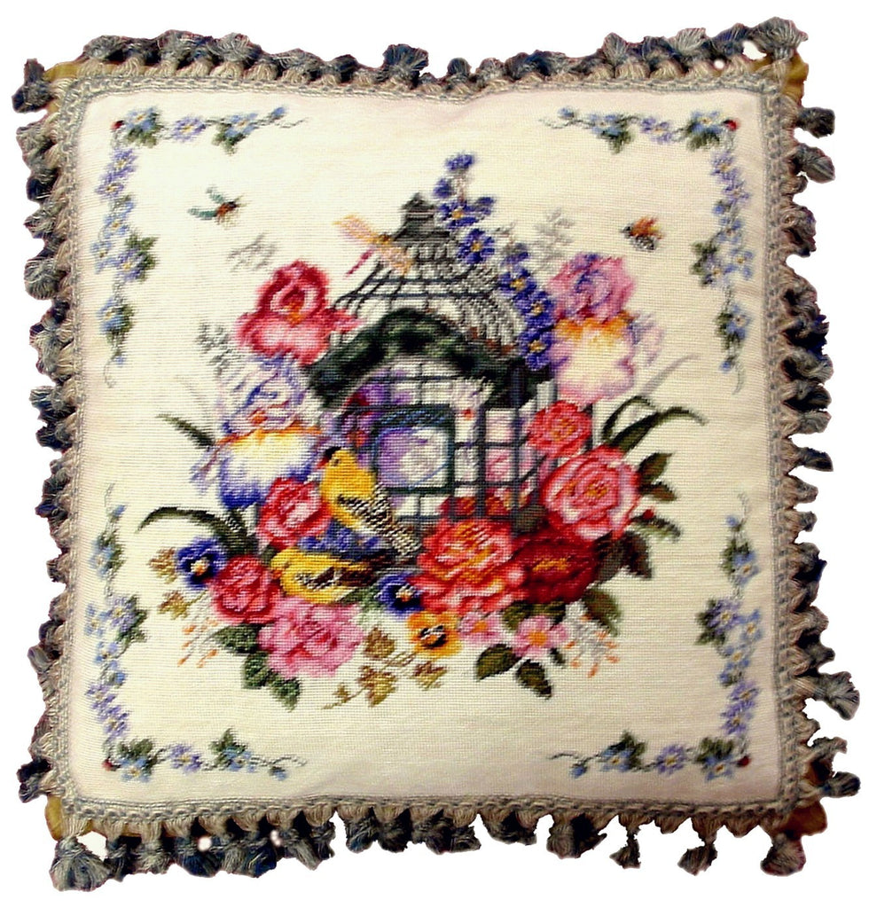 Bouquet and Bird Cage - 19 x 19" needlepoint pillow