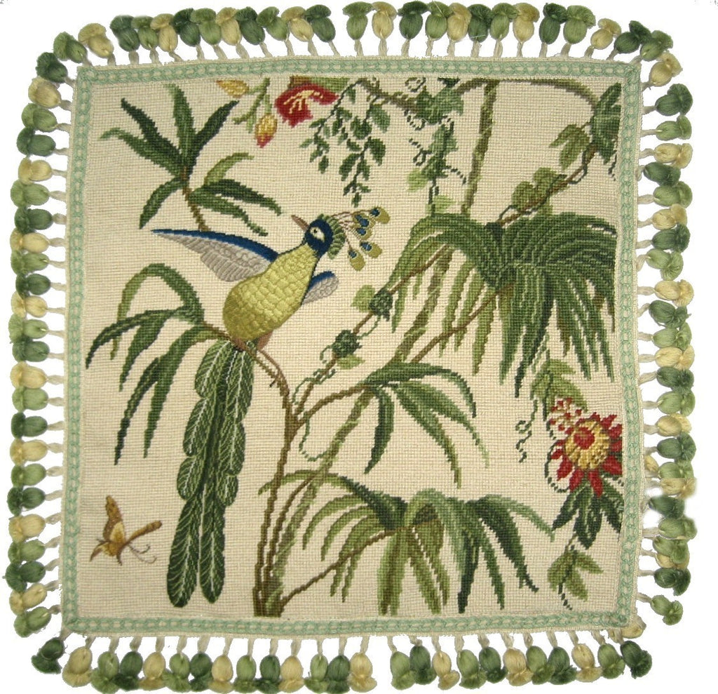 Longtail Bird in Bushes - 20" x 20" needlepoint pillow