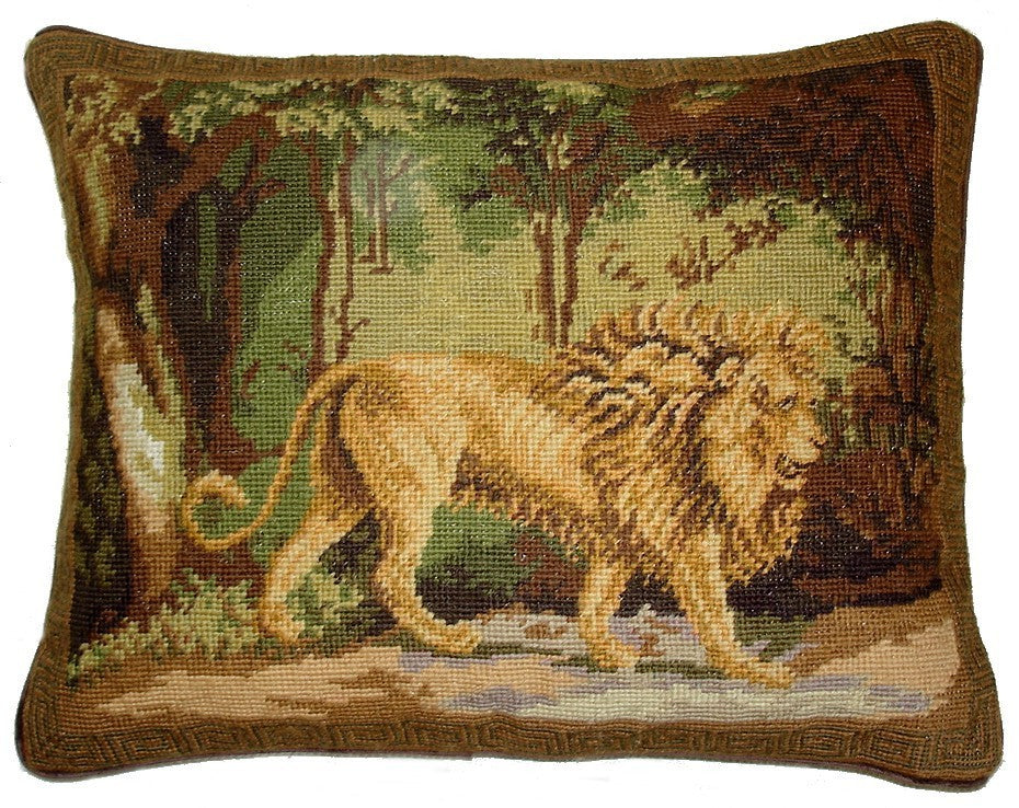 Lion in Woods - 14 x 18" needlepoint pillow