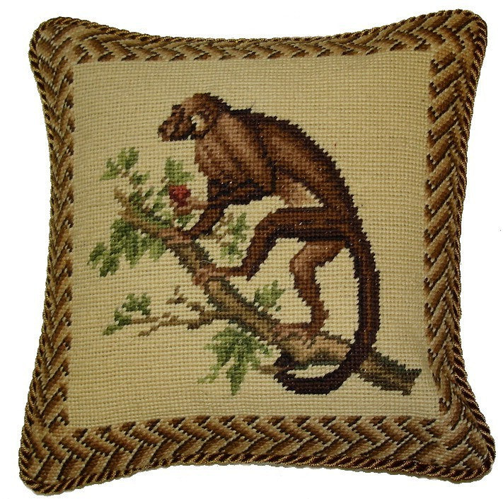 Dark Brown Monkey in Tree  - 12 by 12" needlepoint pillow