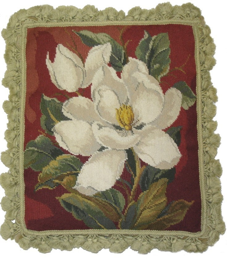 Magnolia and Bud - 20" x 18" needlepoint pillow