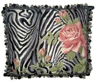 Pink Roses on Zebra - 19 x 23" needlepoint pillow