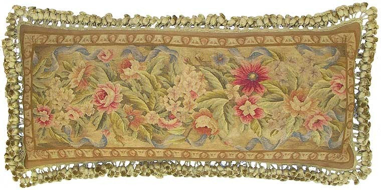 Pink Flowers on Gold - 14 x 36" Aubusson pillow