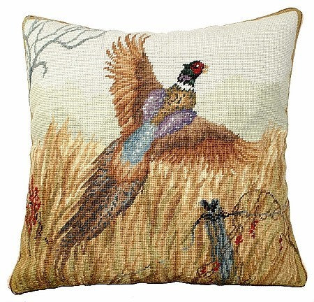 Pheasant in Flight 18" x 18 needlepoint pillow