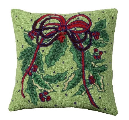 Holly Bough 18" x 18 Hooked Wool Pillow