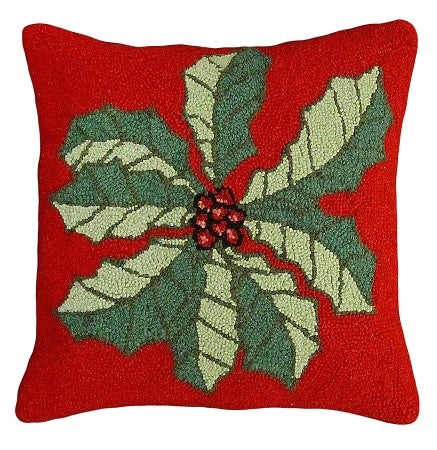Large Holly 18" x 18" Hooked Wool Pillow