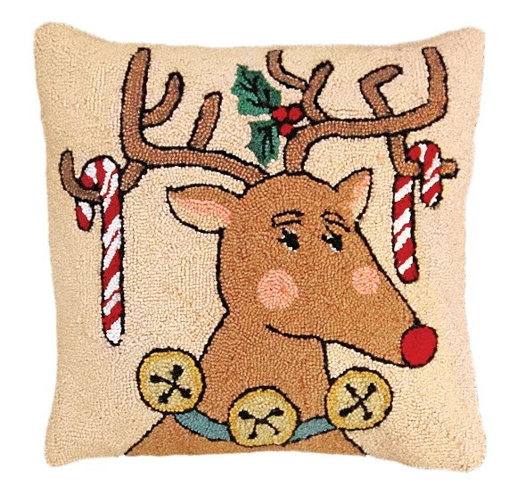 Reindeer & Candy Cane 20" x 20" Hooked Pillow