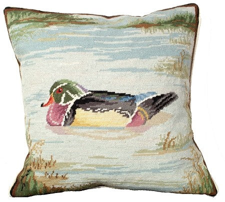 Wood Duck in Pond 18" x 18" Needlepoint Pillow