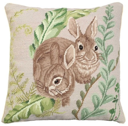 Rabbits with Fern 18" x 18" Needlepoint Pillow